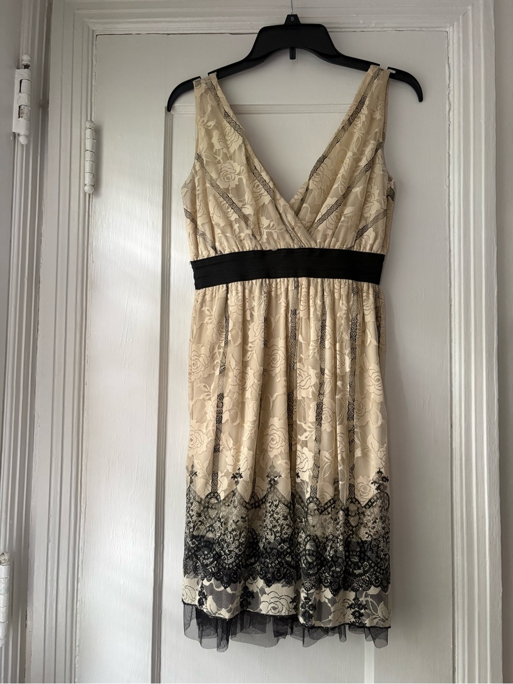 Freeway Cream Lace Midi Dress with Black Waistband and Hem Lace Overlay